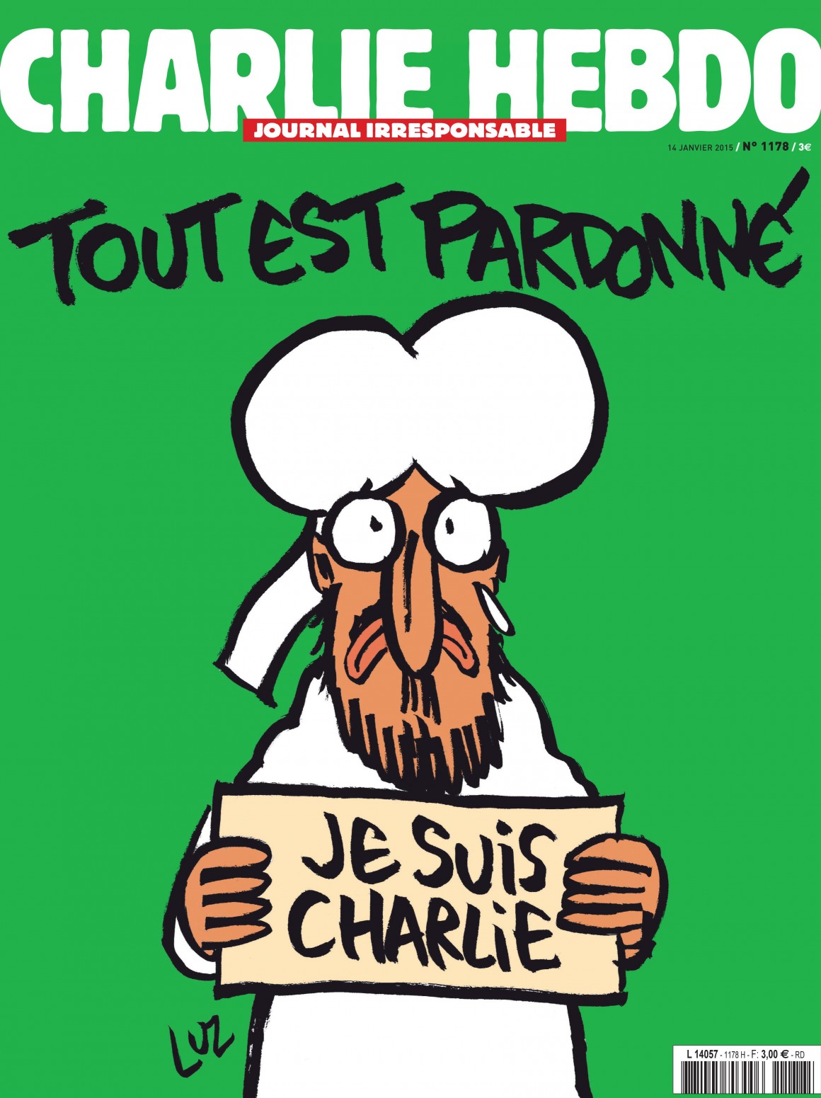 Allt er fyrirgefið. Fyrsta forsíða Charlie Hebdo eftir árásina sýnir samstöðu Múhameds með blaðinu í gegnum tvíkrossinn #JeSuisCharlie. Það er ekki árás á tjáningafrelsið að gagnrýna birtingu hennar, né er það árás að gagnrýna það að birta hana ekki. reykjavík vikublað er veraldlegt blað og af þeim sökum er forsíðan birt. Blaðið vill um leið vera málsvari allra. Það er eðilegt að gagnrýna linnulaust tillitsleysi í garð jarðar- setts hóps, sem einnig verður ítrekað fyrir árásum stjórnmálamanna. Slík gagnrýni er hvorki árás á tjáningarfrelsi né vestræn gildi, heldur þvert á móti æskileg og verðmæt.